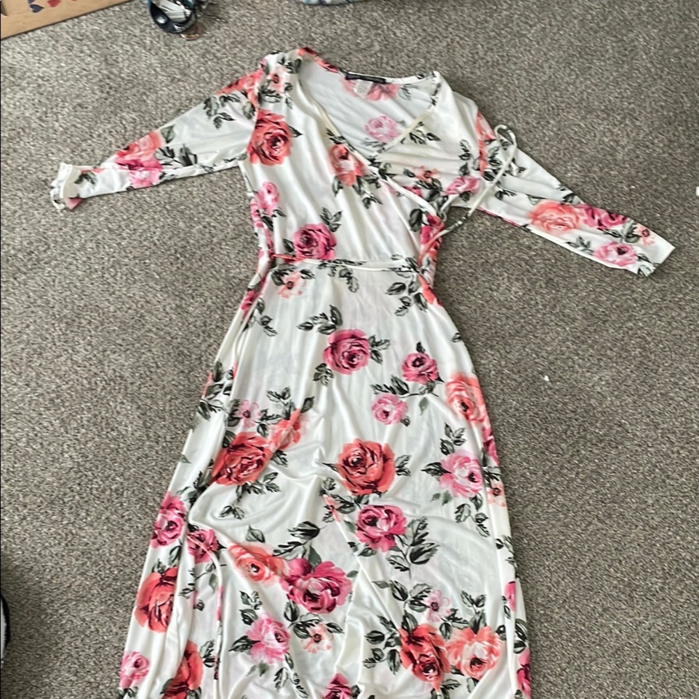 Pink and Red Floral Long Sleeve Wrap Dress